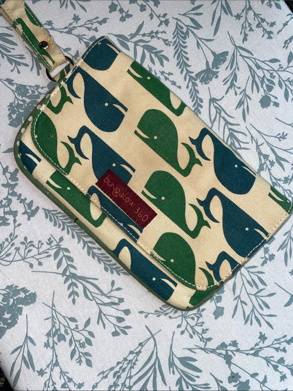 bungalow 360 Cream Wristlet with Green and Teal Whale Print